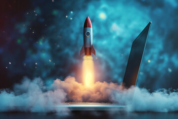 Rocket coming out of laptop screen, innovation and creativity concept. 