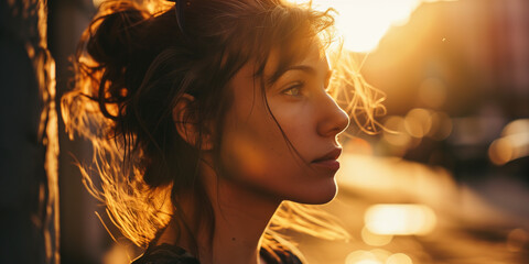 Young woman in sunset light, a city's evening glow softly illuminates her contemplative expression - Powered by Adobe