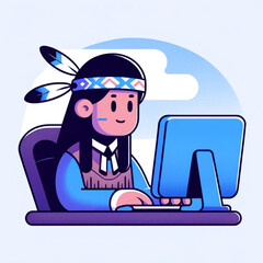 Native american man working on a computer flat illustration