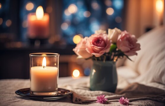 Candle and a cup coffe on a bed with a blanket and a vase of flover in the background