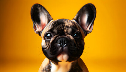 A close-up frontal view of a French Bulldog on a yellow background