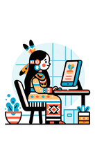 Native american woman working on a computer illustration