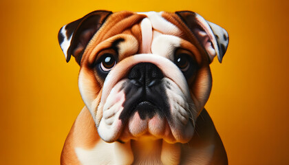 A close-up frontal view of a English Bulldog on a yellow background - obrazy, fototapety, plakaty