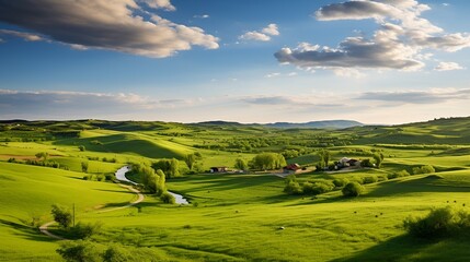 Obraz premium Picturesque countryside farm with rolling hills in summer , Picturesque countryside farm, rolling hills, summer