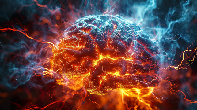 Abstract Illustration of human brain with various regions illuminated and interconnected by electrical impulses. 