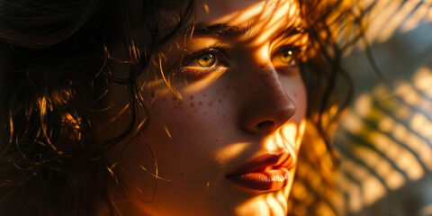 Young woman in golden hour light, her intense gaze and freckles highlighted by the sun's warmth