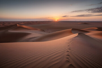 Fototapeta na wymiar A breathtaking sunset over a vast desert with dunes and sparse vegetation