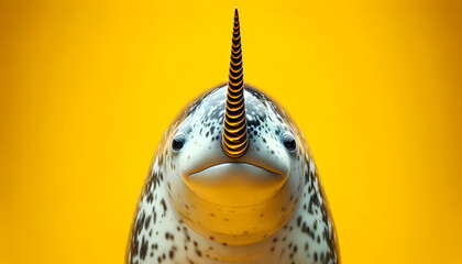 A close-up frontal view of a narwhal on a yellow background - obrazy, fototapety, plakaty