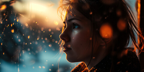 Young woman with a reflective gaze, raindrops on window add a sense of longing to the evening light