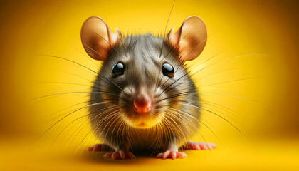 A close-up frontal view of a rat on a yellow background