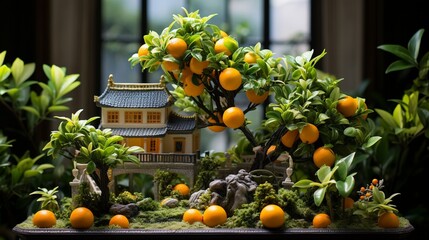 A serene bonsai garden featuring various Dwarf Citrus varieties in different stages of growth, showcasing the diversity and beauty of these miniature citrus trees.