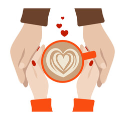 Hands of lovers hold coffee with heart. Hands with cup of coffee. Cappuccino, latte, flat white, coffee with milk. Holiday valentine's day, wedding, marriage, celebrate. Vector art illustration