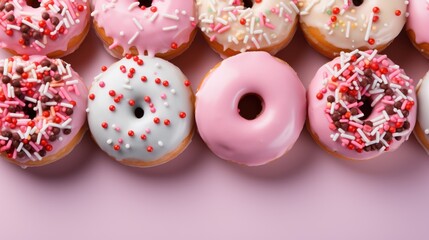 Delicious pink glamorous donuts with glaze on light background with copy space. Top view. Generative AI
