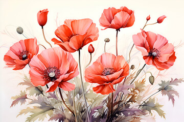 Fototapeta na wymiar poppies on a white background in the style of watercolor