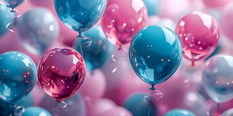 Birthday Balloon, celebrate fisrt birthday of your baby girl, an arrangement of helium-filled balloons, pastel pink and blue balloons, copy space, festive, happy Birthday background , party , 