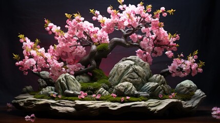A serene garden scene capturing the intricate details of a Cherry Blossom Bonsai in full bloom, surrounded by lush greenery.