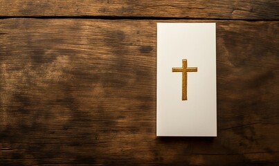 A white card with a golden cross lies on a dark wooden table, top view. Christianity.