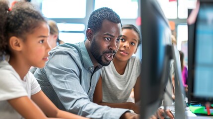 Technology education: Teacher assisting student with computer science lesson - obrazy, fototapety, plakaty