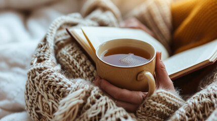 A close-up of a person's hands holding a mug of hot tea, surrounded by a blanket and a book, creating a serene and comforting moment during a beautiful morning at home.