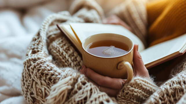 A close-up of a person's hands holding a mug of hot tea, surrounded by a blanket and a book, creating a serene and comforting moment during a beautiful morning at home.