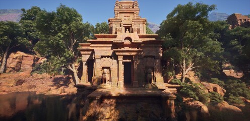 Ancient, ornate temple nestled amidst lush greenery and rocky terrain, reflecting a serene and mystical ambiance under a clear, warm sky. Photorealistic 3D illustration.