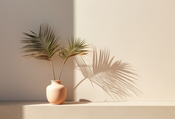 Fototapeta premium a white vase with palm tree outdoors near wall, in the style of light brown and light beige, minimalist backgrounds