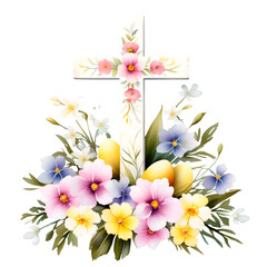 Watercolor floral Easter cross. Ai generated PNG transparent illustration.  - 718893526