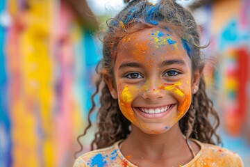 Colorful Celebration: A Young Girl Smiling with Face Paint Generative AI