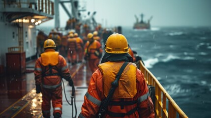 A tense moment captured as oil rig workers conduct an emergency drill, displaying teamwork and urgency, with safety equipment and the ocean backdrop