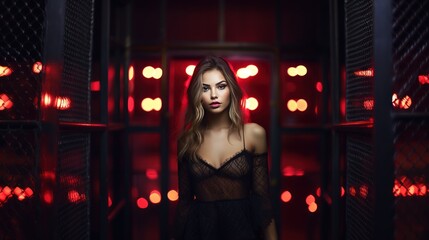 Sexy dance girl in a erotic dress posing in dark neon night club, neon lights, background with a copy space. Sensual woman posing at night club. 