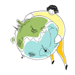 大きな地球を抱えている人の線画イラスト