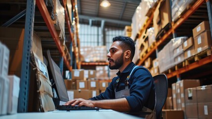 Warehouse worker checking delivery, stock in warehouse on computer, pc