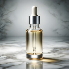 a sleek glass dropper bottle containing a golden liquid, possibly a serum, essential oil, or skincare product