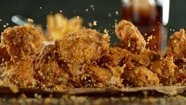 Super slow motion of flying fried chicken pieces with french fries and cola drink. Filmed on high speed cinema camera, 1000fps, placed on high speed cine bot. Camera in motion, following objects.