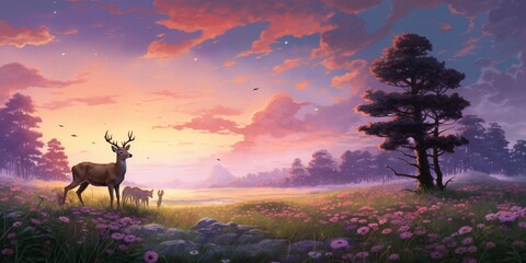 A field of lavender under a pastel sky, where bees buzz around, and a family of deer grazes in the fragrant meadow. - obrazy, fototapety, plakaty