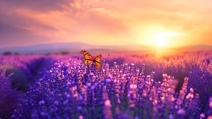 Wide field of lavender and butterfly in summer sunset, panorama background