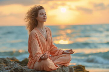 Fototapeta na wymiar Young woman dressed in peach color meditating on a rock by the sea at sunset to improve her mental health.