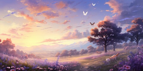 A field of lavender under a pastel sky, where butterflies and bees gather nectar, and a group of deer grazes in the fragrant meadow. - obrazy, fototapety, plakaty