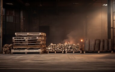 Pile of wooden Pallets in the warehouse. generative AI