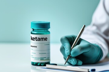 Healthcare Professional Writing Ketamine Prescription. A doctor in a uniform writes a prescription on a white blue background with the inscription Ketamine