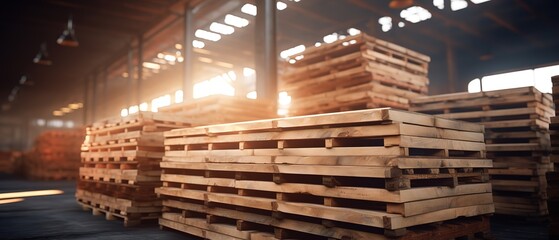 Pile of Pallet wood inside the factory with the effect of Spotlight from above. generative AI