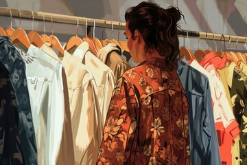 Vibrant illustration of a woman in orange jacket lost in thought among colorful clothes A female shopper at the Thrift store looking at the clothes minimalism
