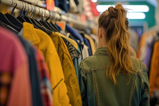 Young Woman Selecting Jacket at Thrift Shop A female shopper at the Thrift store looking at the clothes copy space