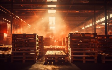 Pile of wooden pallets in a warehouse with a spotlight effect from above. generative AI