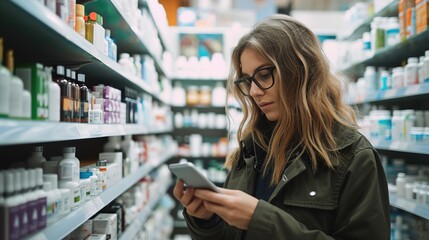 Woman using a tablet in a pharmacy