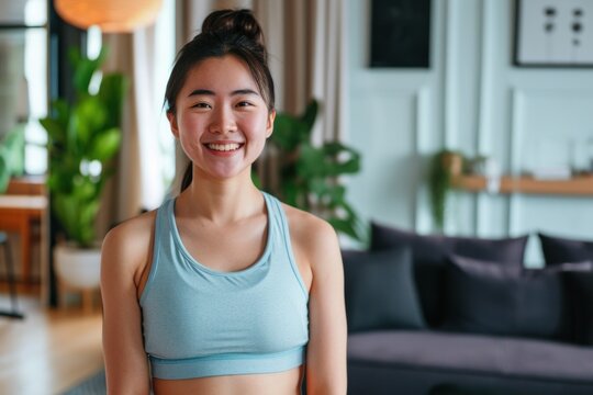 Asian healthy sportive woman wearing sportswear, smiling with happiness, standing in indoor living room at cozy home clear picture a little detail love family