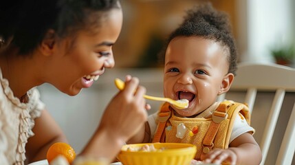 Mother lovingly feeds joyful toddler with spoon at home, maternal care
