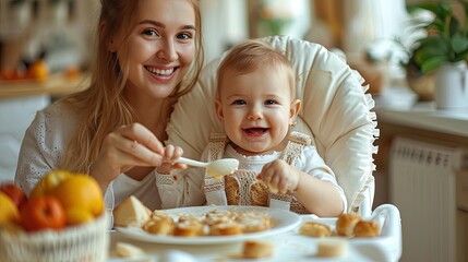 Fototapeta premium Mother lovingly feeds joyful toddler with spoon at home, maternal care