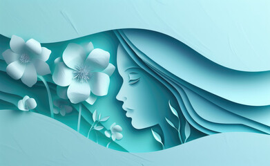 paper women's day greeting on blue background with paper flowers