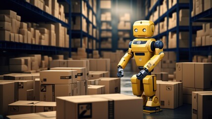 A robot is working inside a shipping warehouse. generative AI